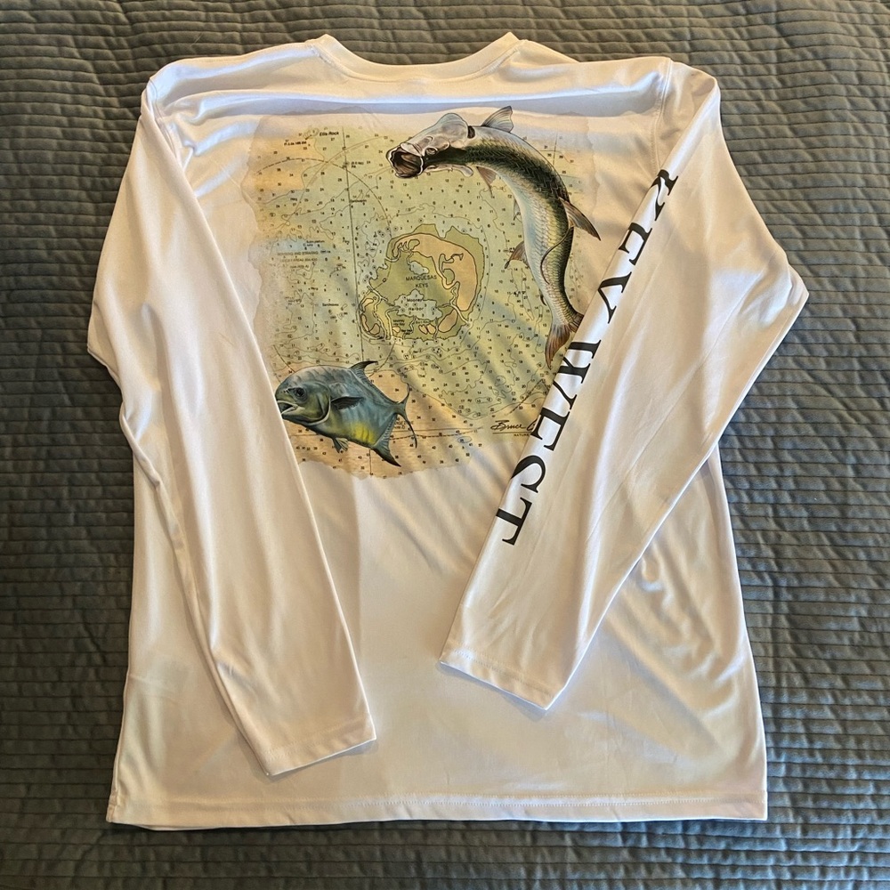 White Long Sleeve Key West Fishing Shirt with Map Graphic